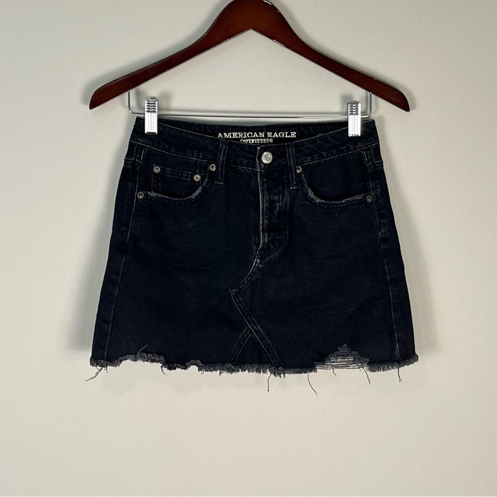 American Eagle Black Denim High Rise Mini Skirt Distressed Goth Biker Women's 0